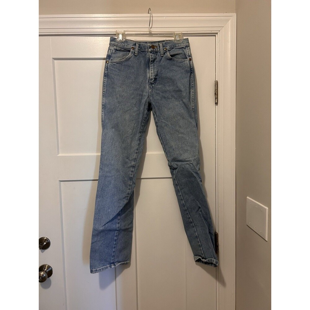 Y2K Wrangler Jeans Mens Size 29 X 34 Light Wash Denim Straight Cut Leather Patch